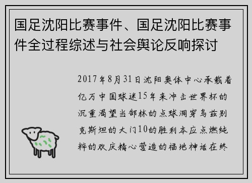国足沈阳比赛事件、国足沈阳比赛事件全过程综述与社会舆论反响探讨